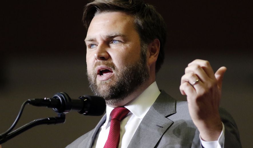 In this file photo from Sept. 17, 2022, JD Vance, Republican candidate for U.S. Senator for Ohio, speaks at a campaign rally in Youngstown, Ohio. Democratic U.S. Rep. Tim Ryan and Trump-endorsed Republican and &quot;Hillbilly Elegy&quot; author JD Vance are scheduled to participate Monday, Oct. 10, 2022 in Cleveland for the first of two scheduled debates in their race to succeed retiring Republican Sen. Rob Portman in Ohio. (AP Photo/Tom E. Puskar, File)