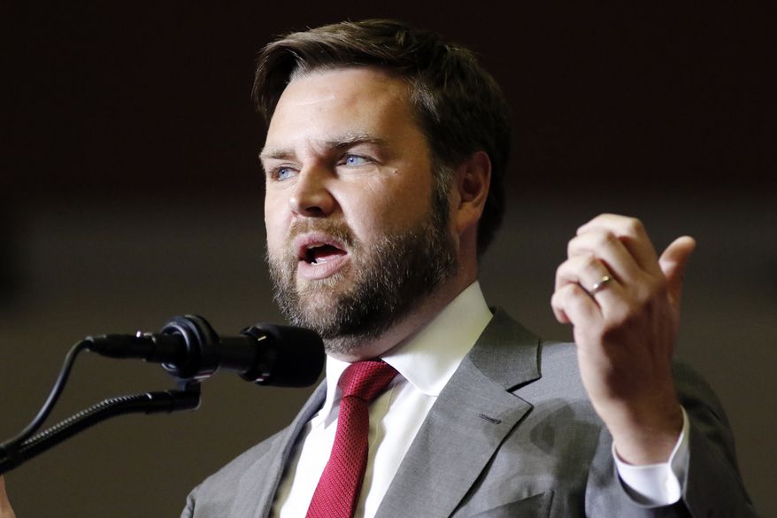 In this file photo from Sept. 17, 2022, JD Vance, Republican candidate for U.S. Senator for Ohio, speaks at a campaign rally in Youngstown, Ohio. Democratic U.S. Rep. Tim Ryan and Trump-endorsed Republican and &quot;Hillbilly Elegy&quot; author JD Vance are scheduled to participate Monday, Oct. 10, 2022 in Cleveland for the first of two scheduled debates in their race to succeed retiring Republican Sen. Rob Portman in Ohio. (AP Photo/Tom E. Puskar, File)