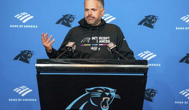 Carolina Panthers head coach Matt Rhule speaks during a news conference after their loss against the San Francisco 49ers during an NFL football game on Sunday, Oct. 9, 2022, in Charlotte, N.C. The Panthers have fired coach Matt Rhule following a 1-4 start to the season, according to a person familiar with the situation. The person spoke to The Associated Press on condition of anonymity Monday, Oct. 10, because the team has not yet announced the decision. (AP Photo/Jacob Kupferman)