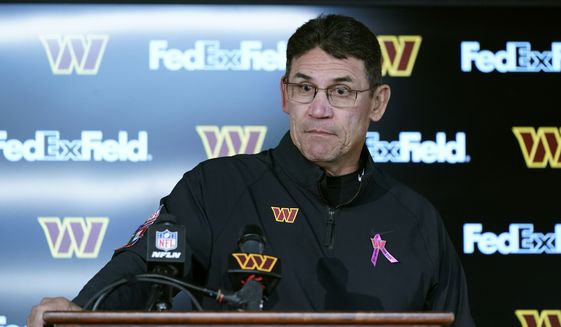 Washington Commanders head coach Ron Rivera speaks at a news conference after an NFL football game against the Tennessee Titans, Sunday, Oct. 9, 2022, in Landover, Md. Tennessee won 21-17. (AP Photo/Alex Brandon)