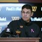 Washington Commanders head coach Ron Rivera speaks at a news conference after an NFL football game against the Tennessee Titans, Sunday, Oct. 9, 2022, in Landover, Md. Tennessee won 21-17. (AP Photo/Alex Brandon)