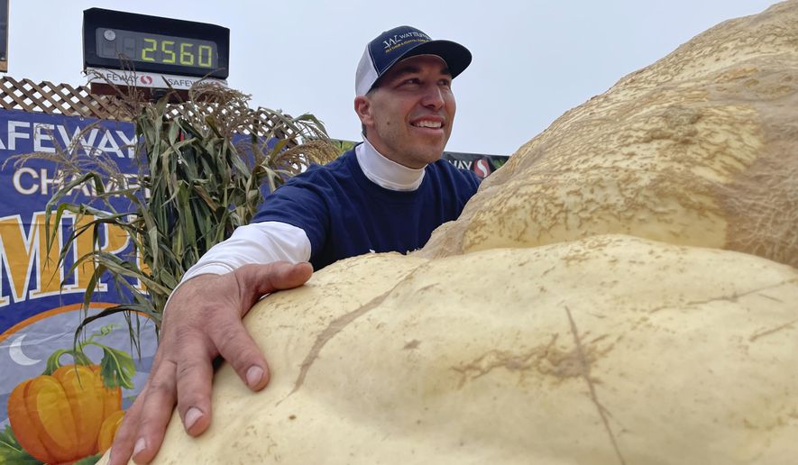 Travis Gienger from Anoka, Minn., embraces his winning pumpkin at the 49th World Championship Pumpkin Weigh-Off in Half Moon Bay, Calif., Monday, Oct. 10, 2022. (AP Photo/Haven Daley)