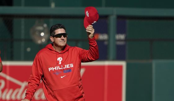 Philadelphia Phillies interim manager Rob Thomson removes his cap during baseball practice Thursday, Oct. 6, 2022, in St. Louis. The Phillies and St. Louis Cardinals are set to play Game 1 of a National League Wild Card baseball playoff series on Friday in St. Louis. (AP Photo/Jeff Roberson) **FILE**