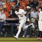 Houston Astros designated hitter Yordan Alvarez (44) celebrates with teammates after his three-run, walkoff home run against the Seattle Mariners during the ninth inning in Game 1 of an American League Division Series baseball game in Houston,Tuesday, Oct. 11, 2022. (AP Photo/David J. Phillip)