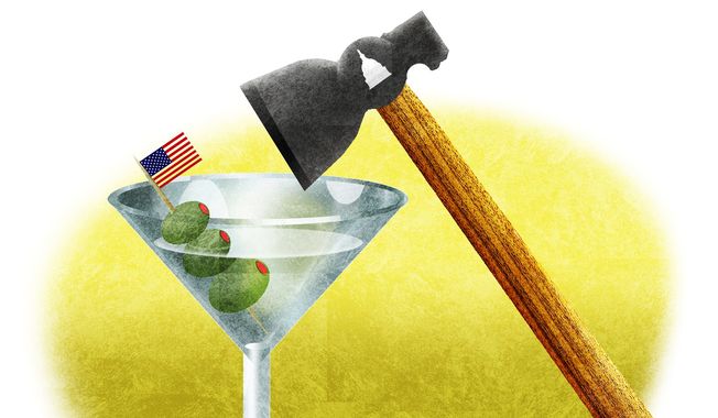 Illustration on banning alcohol through a new prohibition by Alexander Hunter/The Washington Times