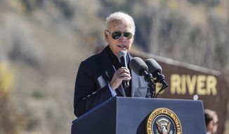 President Joe Biden speaks before designating the first national monument of his administration at Camp Hale, a World War II era training site, Wednesday, Oct. 12, 2022, near Leadville, Colo. (Chris Dillmann/Vail Daily via AP)
