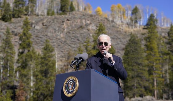 President Joe Biden speaks about protecting and conserving America&#39;s iconic outdoor spaces in Camp Hale near Leadville, Colo., Wednesday, Oct. 12, 2022. (AP Photo/Carolyn Kaster)