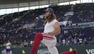 New York Giants punter Jamie Gillan (6) warms-up before an NFL game between the New York Giants and the Green Bay Packers at the Tottenham Hotspur stadium in London, Sunday, Oct. 9, 2022. (AP Photo/Kin Cheung) **FILE**