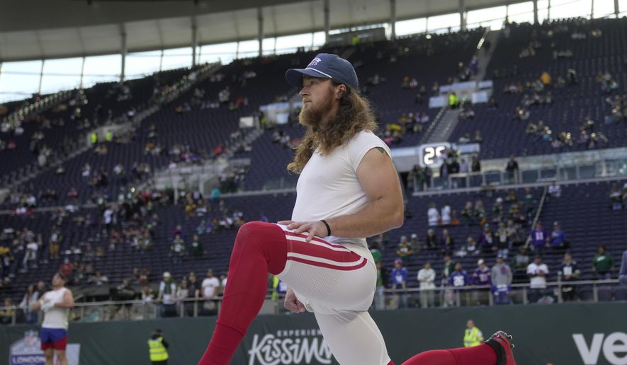 New York Giants punter Jamie Gillan (6) warms-up before an NFL game between the New York Giants and the Green Bay Packers at the Tottenham Hotspur stadium in London, Sunday, Oct. 9, 2022. (AP Photo/Kin Cheung) **FILE**