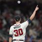 Atlanta Braves starting pitcher Kyle Wright (30) celebrates an out during the sixth inning in Game 2 of baseball&#39;s National League Division Series between the Atlanta Braves and the Philadelphia Phillies, Wednesday, Oct. 12, 2022, in Atlanta. (AP Photo/Brynn Anderson)