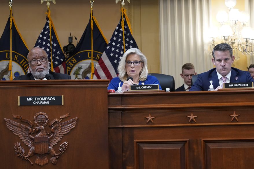 Vice chair Rep. Liz Cheney, R-Wyo., offers a motion to subpoena former President Donald Trump as Chairman Rep. Bennie Thompson, D-Miss., left, and Rep. Adam Kinzinger, R-Ill., listen as the House select committee investigating the Jan. 6 attack on the U.S. Capitol holds a hearing on Capitol Hill in Washington, Thursday, Oct. 13, 2022. (AP Photo/Jacquelyn Martin) ** FILE **