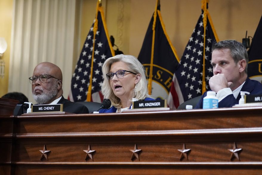 Vice Chair Liz Cheney, R-Wyo., speaks as the House select committee investigating the Jan. 6 attack on the U.S. Capitol, holds a hearing on Capitol Hill in Washington, Thursday, Oct. 13, 2022. Chairman Bennie Thompson, D-Miss., Vice Chair Liz Cheney, R-Wyo., is left, Rep. Adam Kinzinger, R-Ill., is right. (AP Photo/J. Scott Applewhite)