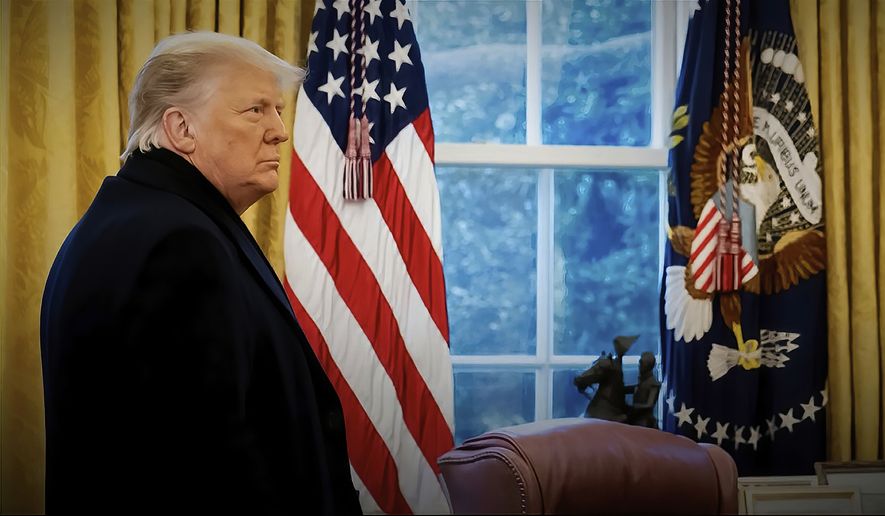 This exhibit from video released by the House Select Committee, shows a photo of then-President Donald Trump with his coat on as he returns to the Oval Office after speaking on the Ellipse on Jan. 6, 2021, displayed at a hearing by the House select committee investigating the Jan. 6 attack on the U.S. Capitol, Thursday, Oct. 13, 2022, on Capitol Hill in Washington. (House Select Committee via AP)