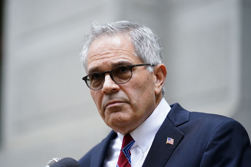 Philadelphia District Attorney Larry Krasner speaks with members of the media during a news conference in Philadelphia, Thursday, Oct. 13, 2022. (AP Photo/Matt Rourke)