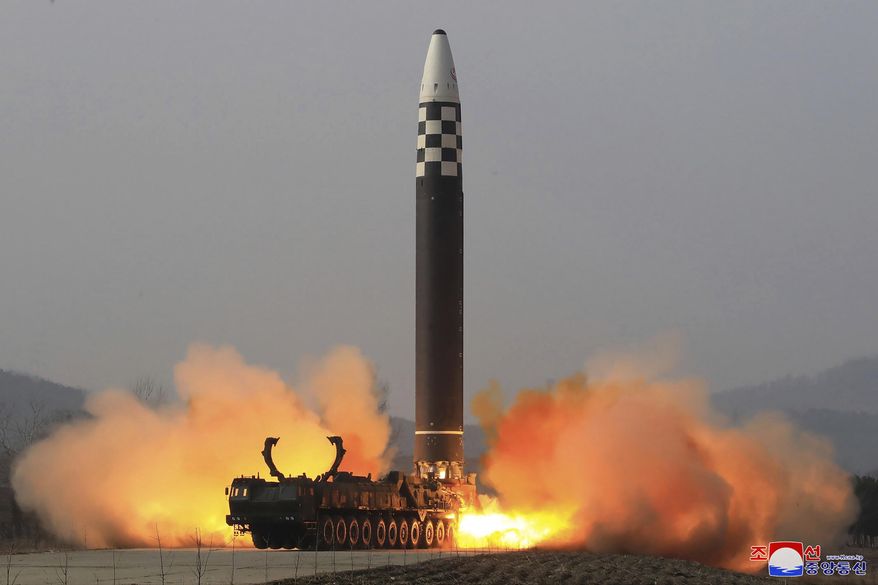 This photo distributed by the North Korean government shows what it says a test-fire of a Hwasong-17 intercontinental ballistic missile (ICBM), at an undisclosed location in North Korea on March 24, 2022. Independent journalists were not given access to cover the event depicted in this image distributed by the North Korean government. The content of this image is as provided and cannot be independently verified. Korean language watermark on image as provided by source reads: "KCNA" which is the abbreviation for Korean Central News Agency. (Korean Central News Agency/Korea News Service via AP, File)