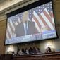 A video of then-President Donald Trump speaking is displayed as the House select committee investigating the Jan. 6 attack on the U.S. Capitol holds a hearing on Capitol Hill in Washington, Thursday, Oct. 13, 2022. In an extraordinary step, the House Jan. 6 committee on Thursday voted to subpoena former President Donald Trump. (AP Photo/J. Scott Applewhite, File)