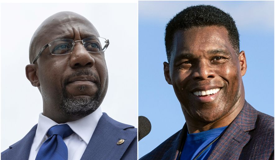This combination of photos shows, Sen. Raphael Warnock, D-Ga., speaking to reporters on Capitol Hill in Washington, Aug. 3, 2021, left, and Republican Senate candidate Herschel Walker speaking in Perry, Ga., Sept. 25, 2021. (AP Photo) ** FILE **
