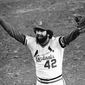 St. Louis Cardinals ace reliever Bruce Sutter celebrates after the last out in the ninth inning of Game 7 of the World Series at St. Louis, Oct. 20, 1982. Hall of Fame reliever and 1979 Cy Young winner Bruce Sutter has died. He was 69. Major League Baseball and the St. Louis Cardinals announced Sutter’s death on Friday, Oct. 14, 2022. The Baseball Hall of Fame says Sutter died Thursday in Cartersville, Georgia.  (AP Photo/File)