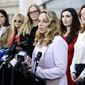 Actress Louisette Geiss speaks at a news conference by the &amp;quot;Silence Breakers,&amp;quot; a group of women who have spoken out about Hollywood producer Harvey Weinstein&#39;s sexual misconduct, at Los Angeles City Hall, on Feb. 25, 2020, in Los Angeles. Geiss, a former actress and screenwriter who accused Weinstein in 2017, has written a musical stemming from her experiences with Weinstein. “The Right Girl,” which was waylaid by the pandemic but will be produced live onstage sometime in 2023. (AP Photo/Chris Pizzello, File)