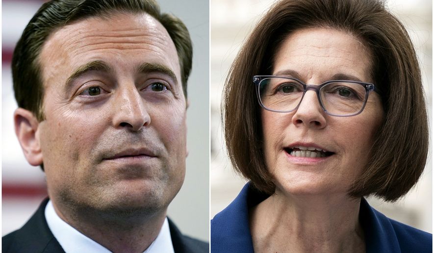 This combination of photos shows Nevada Republican Senate candidate Adam Laxalt speaking on Aug. 4, 2022, in Las Vegas, left, and Sen. Catherine Cortez Masto, D-Nev., speaking on April 26, 2022, in Washington, right. (AP Photo)