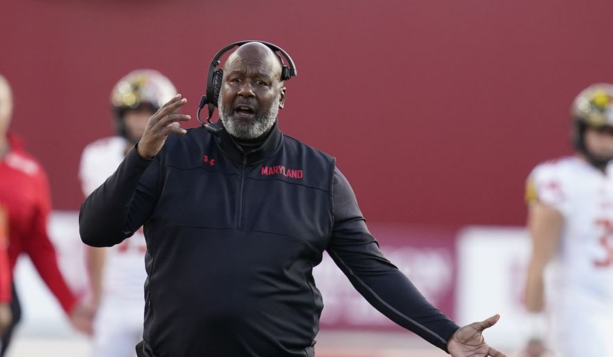 Maryland head coach Michael Locksley questions a call during the second half of an NCAA college football game against Indiana, Saturday, Oct. 15, 2022, in Bloomington, Ind. (AP Photo/Darron Cummings) **FILE**