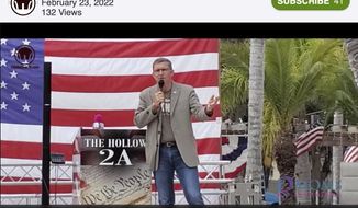 This image from video posted on Rumble on Feb. 23, 2022 shows Michael Flynn speaking at The Hollow in Venice, Fla. Flynn, who once led the U.S. military&#39;s intelligence agency, now is at the center of a far-right Christian nationalist movement that has a growing influence in the Republican Party. (AP Photo)
