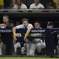 San Diego Padres watch in their loss to the Philadelphia Phillies during Game 1 of the baseball NL Championship Series between the San Diego Padres and the Philadelphia Phillies on Tuesday, Oct. 18, 2022, in San Diego. (AP Photo/Gregory Bull)