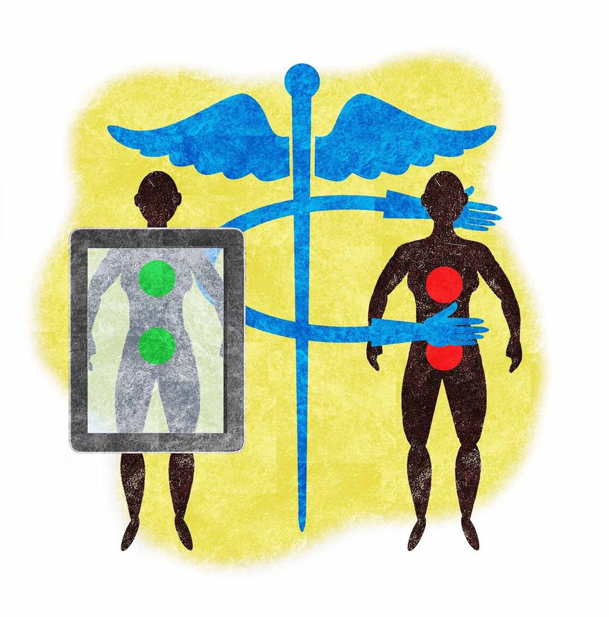 Illustration on increasing women&#39;s access to cancer screening by Alexander Hunter/The Washington Times