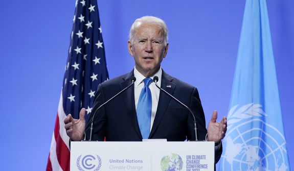 President Joe Biden speaks during a news conference at the COP26 U.N. Climate Summit, Nov. 2, 2021, in Glasgow, Scotland. Shortly after Biden took office, he issued what was widely hailed as a landmark executive order calling for the U.S. government to address the impact of climate change on migration. Since then, however, the Biden administration has done little more than study the idea. (AP Photo/Evan Vucci, File)