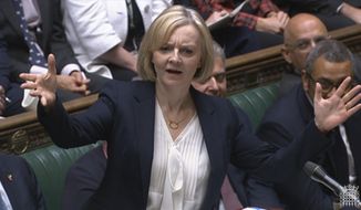 In this grab taken from video from the House of Commons, Prime Minister Liz Truss speaks during Prime Minister&#39;s Questions in the House of Commons in London, Wednesday Oct. 19, 2022. (House of Commons/PA via AP)