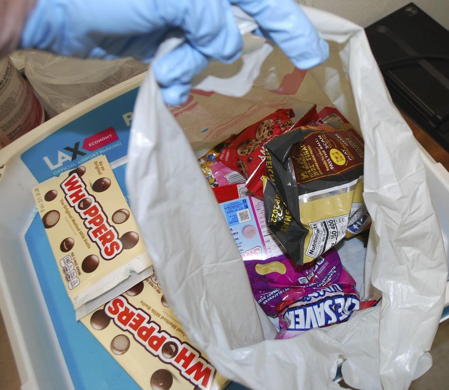This image provided by the Los Angeles County Sheriff's Department shows suspected fentanyl pills seized at the Los Angeles International Airport Wednesday, Oct. 19, 2022, in Los Angeles. Authorities said thousands of suspected fentanyl pills disguised in bags of candy were seized Wednesday at the airport. (Los Angeles County Sheriffs Department via AP)