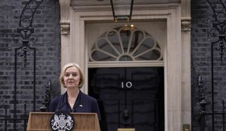 Britain&#39;s Prime Minister Liz Truss addresses the media in Downing Street in London, Thursday, Oct. 20, 2022. Truss says she resigns as leader of UK Conservative Party. (AP Photo/Alberto Pezzali)