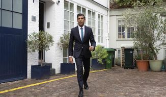 Rishi Sunak outside his home in London, following the resignation of Liz Truss as Prime Minister, Friday Oct. 21, 2022. British Prime Minister Liz Truss resigned Thursday, bowing to the inevitable after a tumultuous, short-lived term in which her policies triggered turmoil in financial markets and a rebellion in her party that obliterated her authority. (Beresford Hodge/PA via AP)