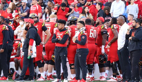 Maryland Terrapins QB1 Taulia Tagovailoa (3) watches from the sideline as he is currently on rest from irritating an injury at the Maryland Terrapins vs Northwestern at SECU Stadium in College Park, MD on October 22nd 2022 (Photo: All-Pro Reels/Alyssa Howell)