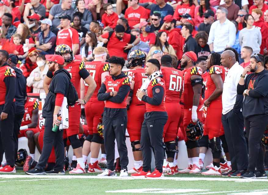 Maryland Terrapins QB1 Taulia Tagovailoa (3) watches from the sideline as he is currently on rest from irritating an injury at the Maryland Terrapins vs Northwestern at SECU Stadium in College Park, MD on October 22nd 2022 (Photo: All-Pro Reels/Alyssa Howell)