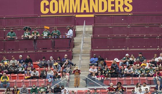 Fans are in the stands during the first half of an NFL football game between the Washington Commanders and the Green Bay Packers, Sunday, Oct. 23, 2022, in Landover, Md. (AP Photo/Patrick Semansky)