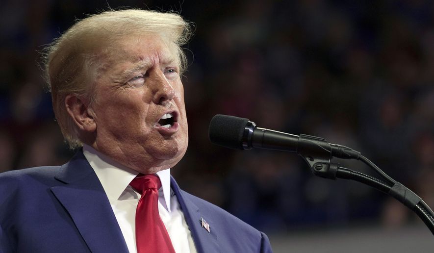 Former President Donald Trump speaks at a rally in Wilkes-Barre, Pa., Saturday, Sept. 3, 2022. The Trump Organization is going on trial accused of helping some top executives avoid income taxes on compensation they got in addition to their salaries, like rent-free apartments and luxury cars. (AP Photo/Mary Altaffer, File)