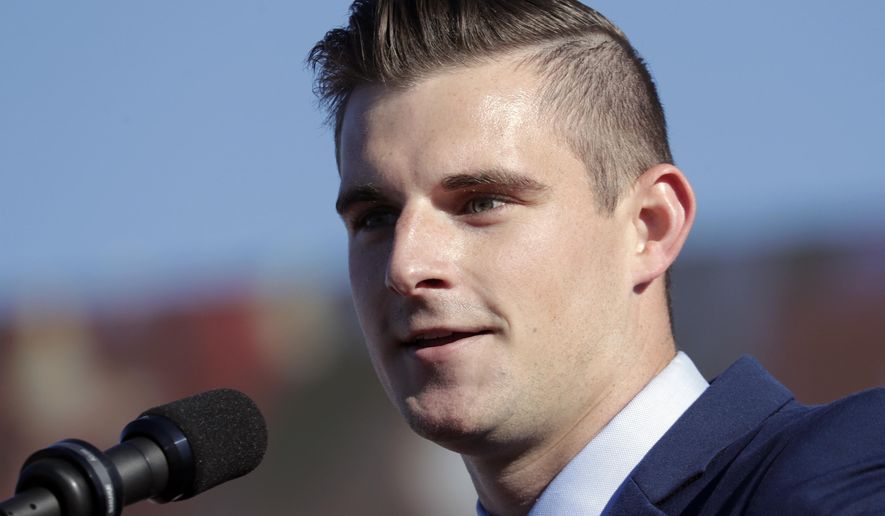 Bo Hines, Republican candidate for U.S. House District 13 from North Carolina, speaks to the crowd at former President Donald Trump's rally, Friday, Sept. 23, 2022, in Wilmington, N.C. (AP Photo/Chris Seward, File)