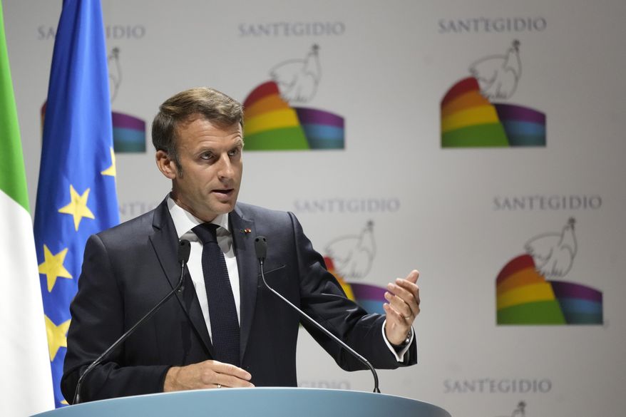 French President Emmanuel Macron delivers his speech at &amp;quot;Cry for peace&amp;quot; an international conference for peace organized by the Community of Sant&#x27;Egidio in Rome, Sunday, Oct. 23, 2022. (AP Photo/Alessandra Tarantino)