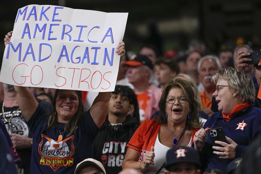 Fans watch play during the fifth inning in Game 1 of baseball&#x27;s American League Championship Series between the Houston Astros and the New York Yankees, Wednesday, Oct. 19, 2022, in Houston. (AP Photo/Kevin M. Cox) **FILE**