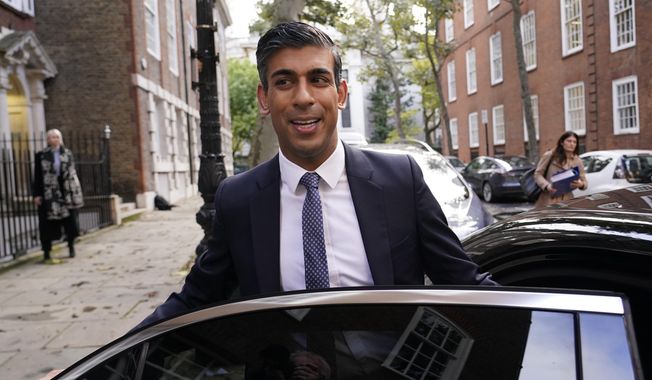 Conservative Party leadership candidate Rishi Sunak leaves the campaign office in London, Monday, Oct. 24, 2022. Sunak ran for Britain’s top job and lost. Now he’s back with a second chance to become prime minister. (AP Photo/Aberto Pezzali)