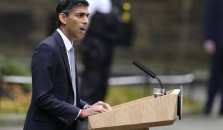 British Prime Minister Rishi Sunak delivers a speech at 10 Downing Street in London, Tuesday, Oct. 25, 2022. New British Prime Minister Rishi Sunak arrived at Downing Street Tuesday after returning from Buckingham Palace where he was invited to form a government by Britain&#39;s King Charles III. (AP Photo/Kirsty Wigglesworth)