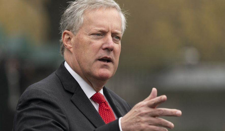Then-White House Chief of Staff Mark Meadows speaks with reporters at the White House, on Oct. 21, 2020, in Washington. (AP Photo/Alex Brandon, File)