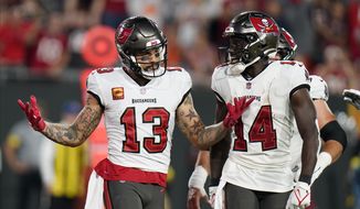 Tampa Bay Buccaneers wide receiver Mike Evans (13) celebrates after a touchdown during the first half of an NFL football game against the Kansas City Chiefs Sunday, Oct. 2, 2022, in Tampa, Fla. (AP Photo/Chris O&#x27;Meara) **FILE**