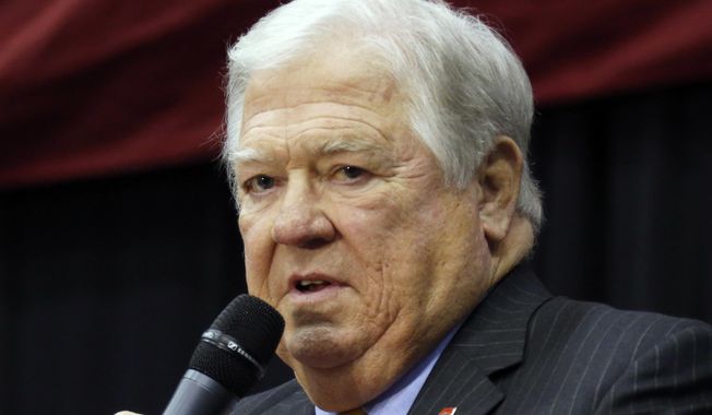 Former Mississippi Gov. Haley Barbour speaks at a Mississippi Economic Council event on Wednesday, Oct. 26, 2016, in Jackson, Miss. Barbour was hospitalized Wednesday, Oct. 26, 2022, after being in a one-vehicle wreck outside Yazoo City, Miss. Yazoo County Sheriff Jake Sheriff said Barbour told law enforcement officers that he swerved to avoid a dog. (AP Photo/Rogelio V. Solis, File)