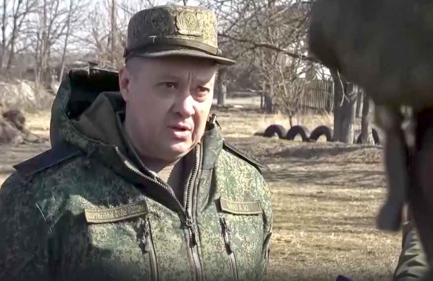 In this image from video released by the Russian Defense Ministry Press Service on Thursday, March 24, 2022, the commander of the troops of the Russian Eastern Military District, Alexander Chaiko, speaks to Russian servicemen during a special military operation at an undisclosed location in Ukraine. (Russian Defense Ministry Press Service via AP) ** FILE **