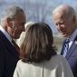 President Joe Biden talks with Senate Majority Leader Chuck Schumer of N.Y., left, and New York Gov. Kathy Hochul as he arrives Hancock Field Air National Guard Base in Mattydale, N.Y., Thursday, Oct. 27, 2022. Biden traveling to visit the Micron chip facility in Syracuse, N.Y. (AP Photo/Manuel Balce Ceneta)
