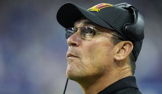 Washington Commanders head coach Ron Rivera checks the replay screen in the second half of an NFL football game against the Indianapolis Colts in Indianapolis, Fla., Sunday, Oct. 30, 2022. (AP Photo/AJ Mast)