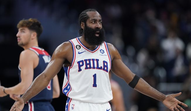Philadelphia 76ers guard James Harden reacts after being fouled by Washington Wizards forward Deni Avdija, back left, of Israel, while shooting in the first half of an NBA basketball game, Monday, Oct. 31, 2022, in Washington. (AP Photo/Patrick Semansky) **FILE**