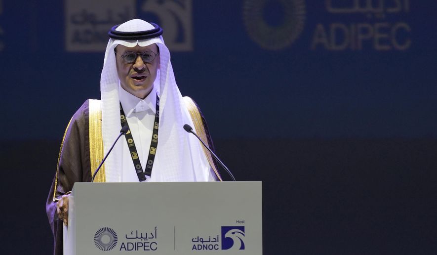 Saudi Arabia's Energy Minister Prince Abdulaziz bin Salman talks at the Abu Dhabi International Petroleum Exhibition & Conference in Abu Dhabi, United Arab Emirates, Monday, Oct. 31, 2022. (AP Photo/Kamran Jebreili) ** FILE **